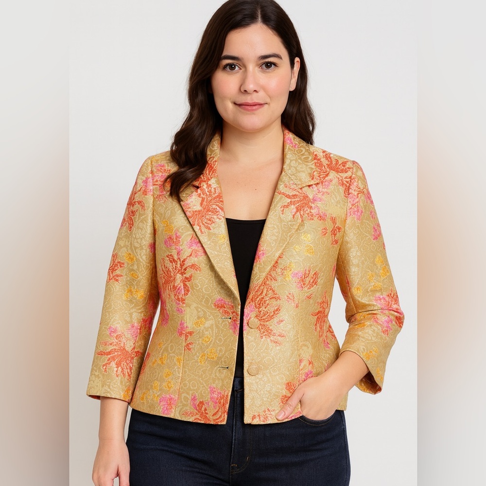 Carmen Marc Valvo Collection Beaded Metallic Gold Brocade Evening Jacket size 6